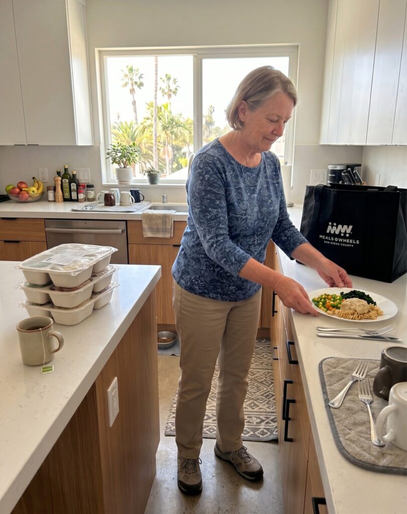 A woman in a blue patterned shirt and tan pants places a plate of food on a kitchen counter. A black tote bag with "Meals on Wheels San Diego County" printed on it is visible in the background.