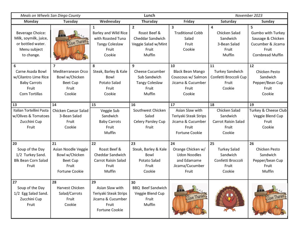 Monthly menu - Meals on Wheels San Diego