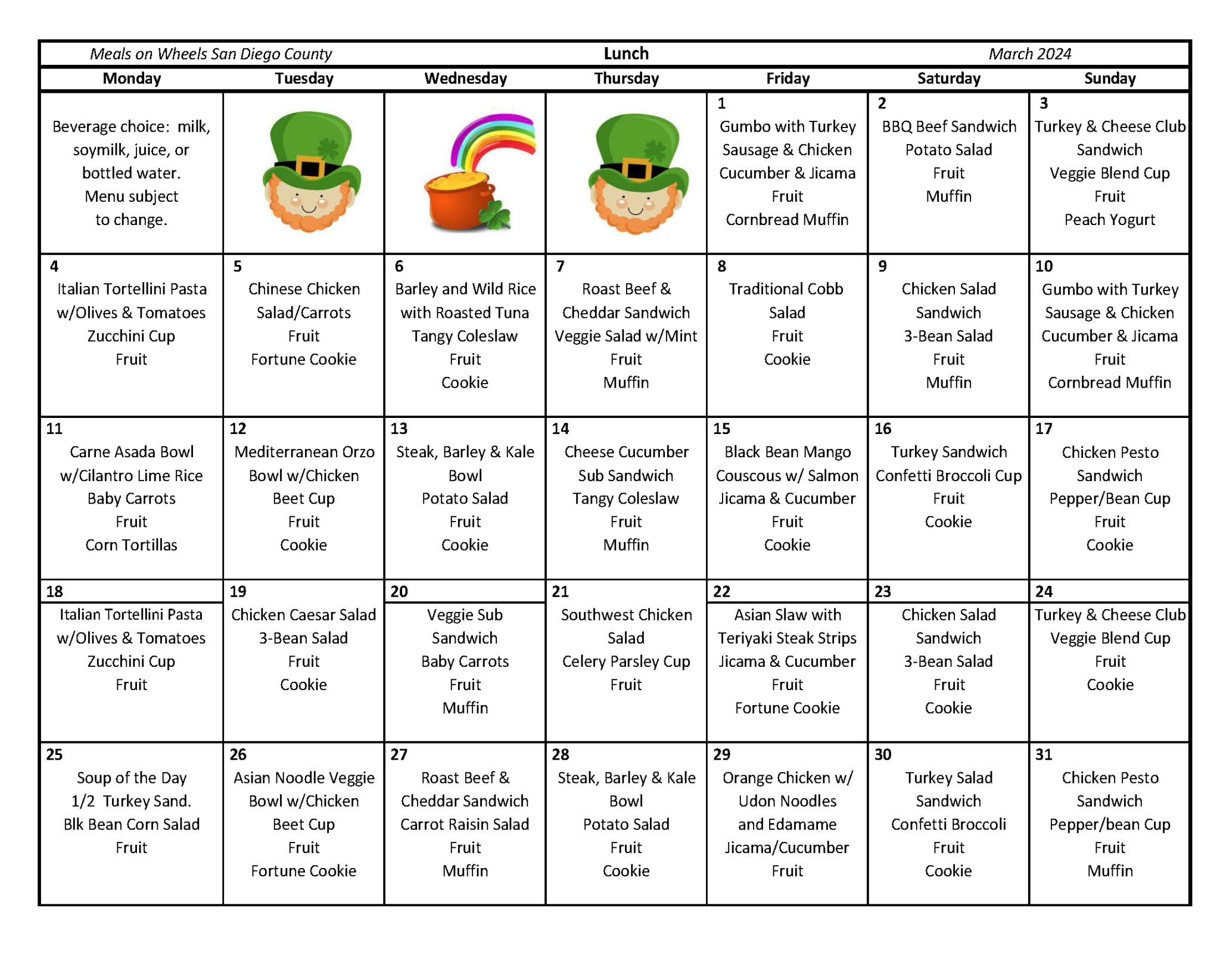 Monthly menu Meals on Wheels San Diego