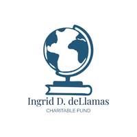 Logo for the Ingrid D. deLlamas Charitable Fund, featuring a globe on top of a book.