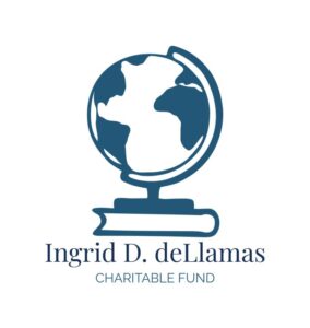 Logo for Ingrid D. deLlamas Charitable Fund featuring a blue globe on a stand above the text "Ingrid D. deLlamas CHARITABLE FUND".
