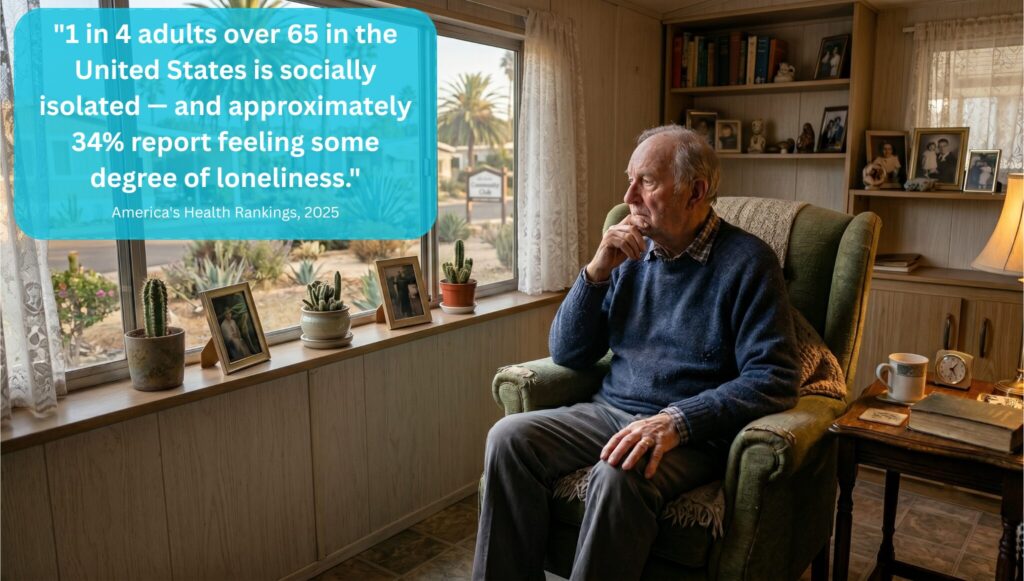 An elderly man sits in an armchair looking out a window, with a speech bubble stating "1 in 4 adults over 65 in the United States is socially isolated — and approximately 34% report feeling some degree of loneliness.