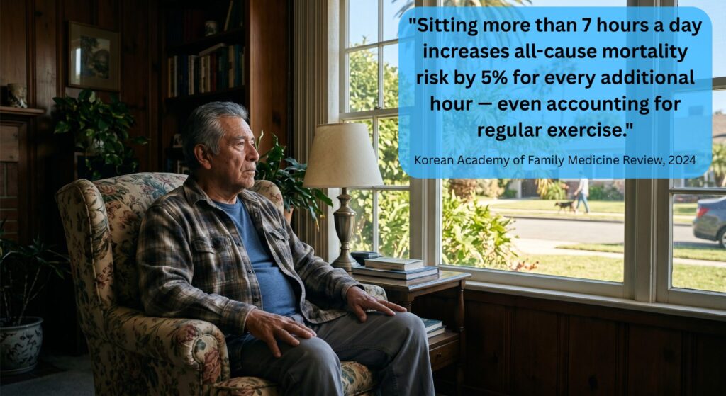 An older man sits in a floral armchair by a window, looking out. A blue text box overlays the image with the quote: "Sitting more than 7 hours a day increases all-cause mortality risk by 5% for every additional hour — even accounting for regular exercise." Below the quote, it reads: "Korean Academy of Family Medicine Review, 2024".