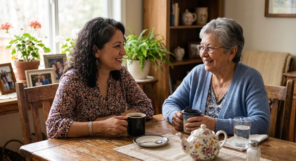 Two women, one younger with dark curly hair and the other older with gray hair and glasses, smile at each other while having coffee at a wooden table.