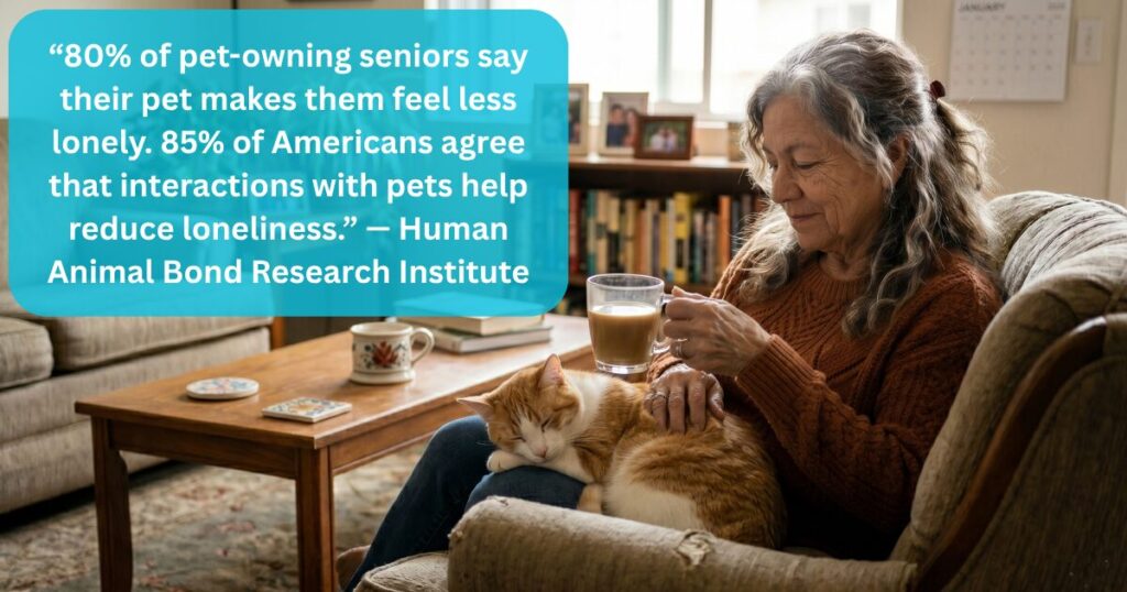 An older woman with long, curly gray hair sits in a comfortable armchair, holding a mug of coffee and petting her orange and white cat, which is sleeping on her lap. A quote from the Human Animal Bond Research Institute is overlaid on the left side of the image, stating: "80% of pet-owning seniors say their pet makes them feel less lonely. 85% of Americans agree that interactions with pets help reduce loneliness.