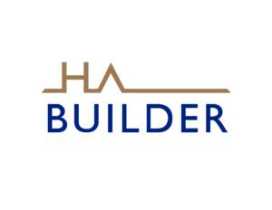 Logo for HA BUILDER, featuring the letters "HA" in a stylized, abstract font above the word "BUILDER" in bold, dark blue sans-serif font.