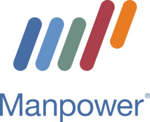 Manpower logo with the word "Manpower" and a registered trademark symbol, above a graphic of five colored bars.