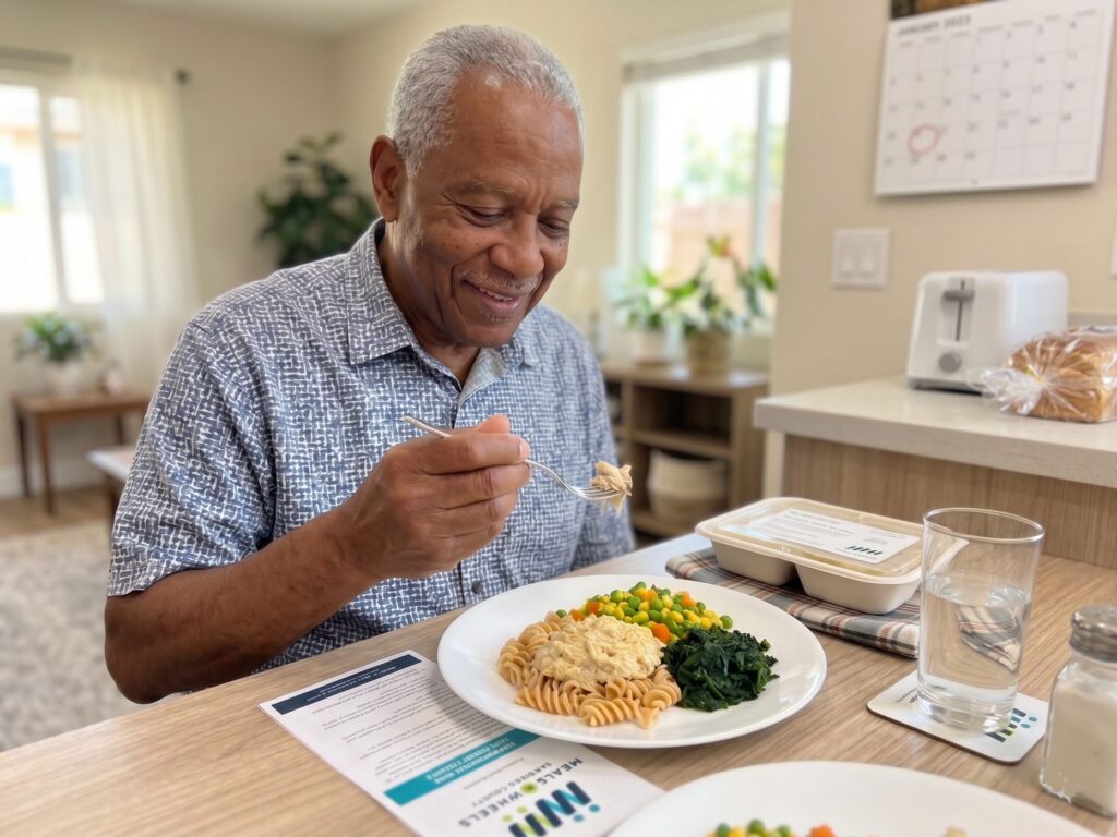 An elderly Black man smiles as he eats a meal from a fork. The meal consists of rotini pasta, a scoop of hummus or dip, spinach, and mixed peas and carrots. A to-go container of food, a glass of water, and a salt shaker are on the table. A calendar and toaster are visible in the background. A "Meals on Wheels" flyer is on the table in front of the man.