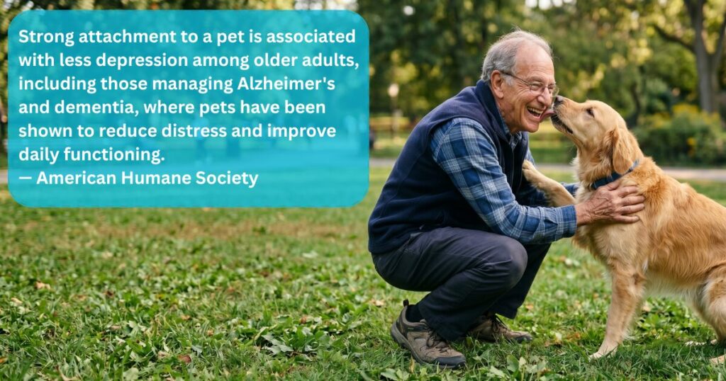 An older man wearing glasses and a plaid shirt crouches down in a grassy park, smiling as a golden retriever licks his face. A teal speech bubble in the upper left corner contains text stating: "Strong attachment to a pet is associated with less depression among older adults, including those managing Alzheimer's and dementia, where pets have been shown to reduce distress and improve daily functioning. - American Humane Society.