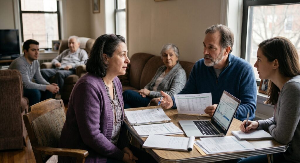 A multi-generational family is gathered around a table, discussing financial documents and a laptop.
