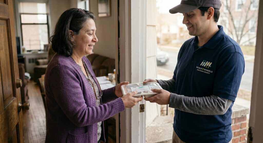 A smiling woman in a purple cardigan receives a meal delivery from a man in a blue "Meals on Wheels San Diego County" polo shirt and a baseball cap.
