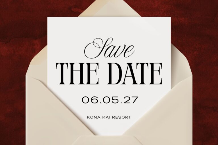 Save the Date card for a wedding at Kona Kai Resort on 06.05.27, with a dark red background and a cream envelope.